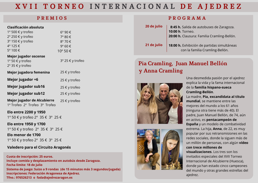 Imagen Últimos días para inscribirse al XVII Torneo Internacional de Ajedrez de Alcubierre